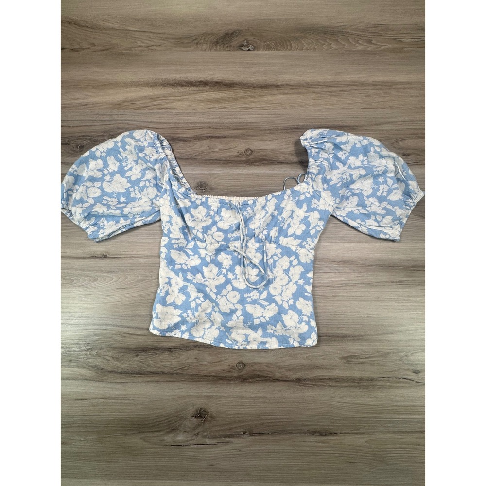 Abercrombie & Fitch Blue Floral Linen Blend‎ Puff Sleeve Smocked Crop Top XS NWT